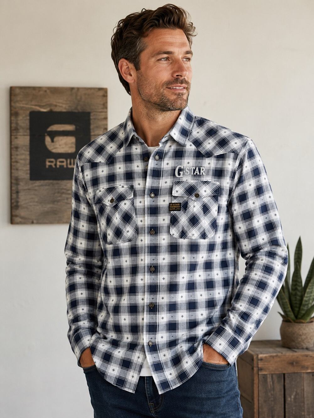 G-Star RAW Western Plaid Shirt Men’s XL Blue White Long Sleeve Button Up Logo